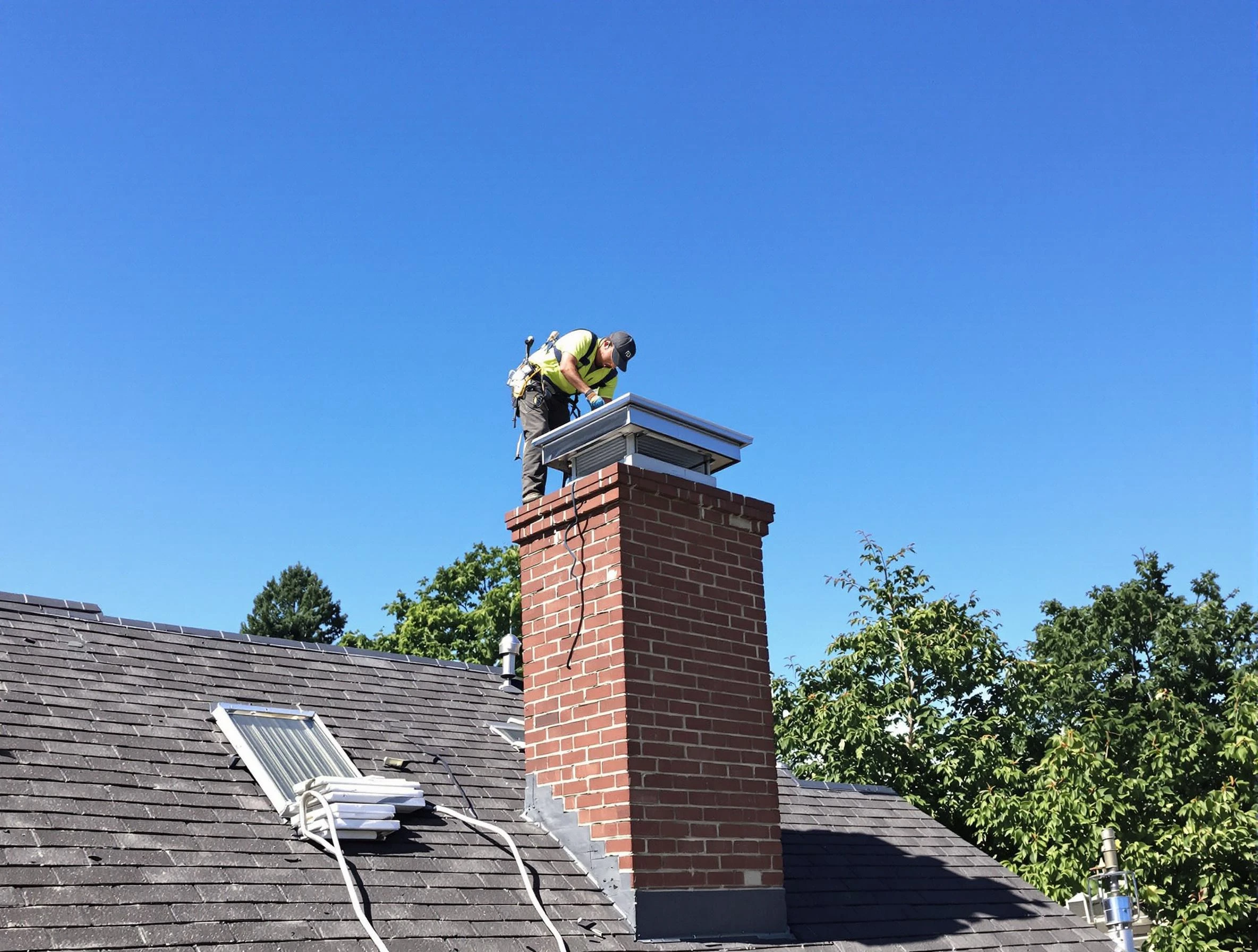 Newnan Chimney Sweep technician measuring a chimney cap in Newnan, GA